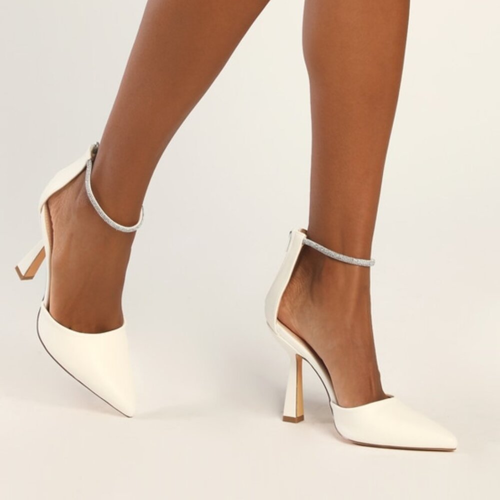 Lulus Dona White Rhinestone Pointed-toe Ankle Strap Pumps - Size 6